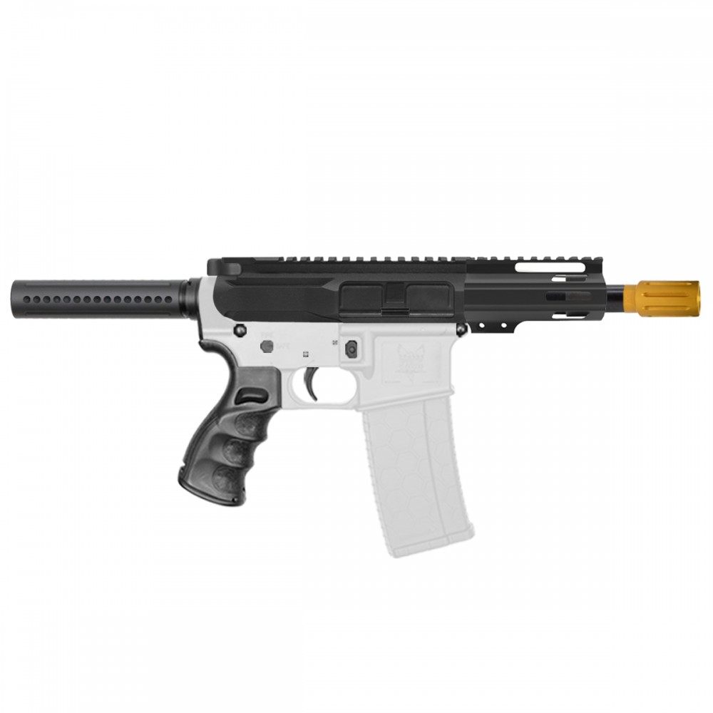 AR-15 5.56 NATO 5'' PISTOL KIT - SIDE CUT BILLET UPPER WITH 4'' HANDGUARD OPTIONS- GOLD MUZZLE BRAKE  AR-15 5.56 NATO 5'' PISTOL KIT - SIDE CUT BILLET UPPER WITH 4'' HANDGUARD OPTIONS- GOLD MUZZLE BRAKE